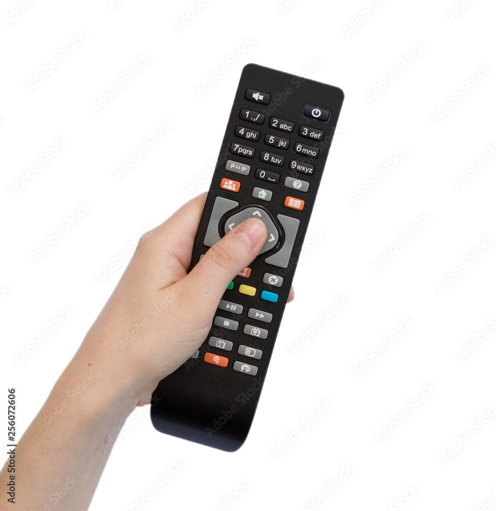 Hand pressing remote control isolated on white background Hand pressing remote control isolated on white background