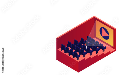 Isometric cinema. Cinema hall with rows of seats. Vector illustration. White background and space for text