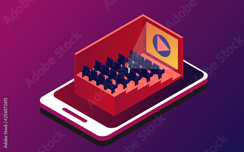 Isometric cinema. Cinema hall with rows of seats. Vector illustration. Online cinema on the phone. Purple background