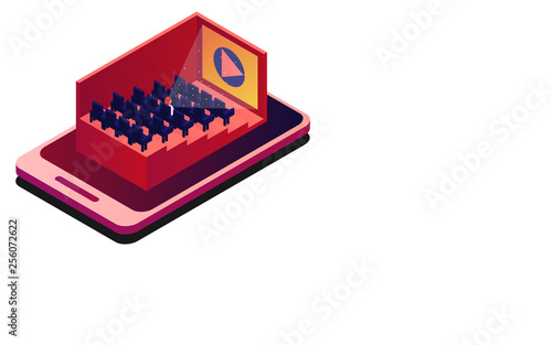 Isometric cinema. Cinema hall with rows of seats. Vector illustration. Online cinema on the phone. White background and space for text