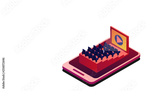 Isometric cinema. Cinema hall with rows of seats. Vector illustration. Online cinema on the phone. White background and space for text.