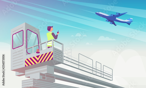 Airport Manager Looks at Plane Flat Illustration.