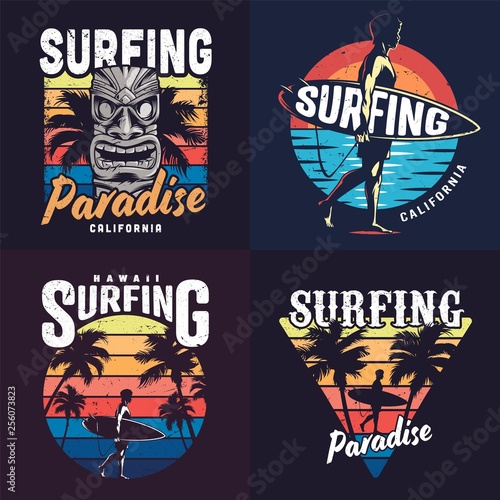 Vintage colorful surfing prints set