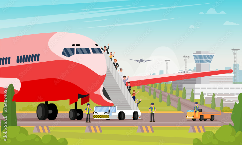 Happy Passengers Board Airplane Flat Illustration