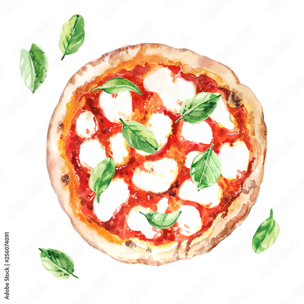 Watercolor hand painted delicious pizza Margarita illustration isolated