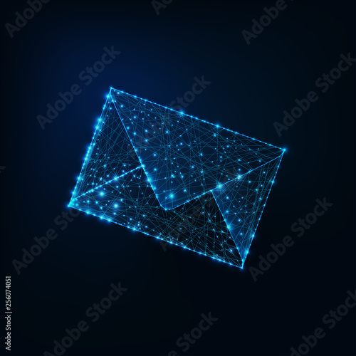 Glowing low polygonal envelope as symbol of electronic mail isolated on dark blue background.