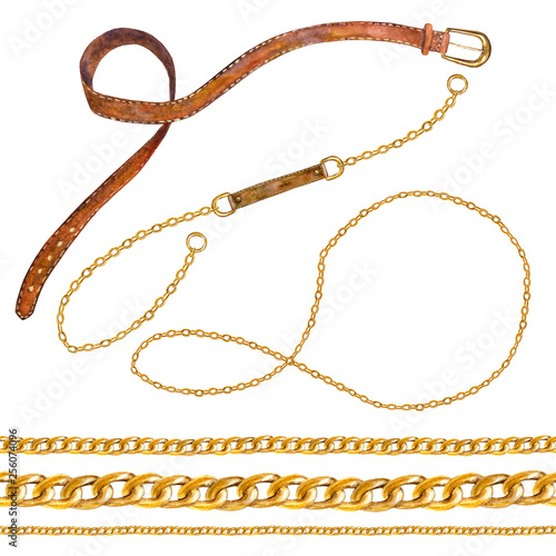 Golden chain, belt, rope glamour set seamless pattern. Watercolor texture with golden chains.