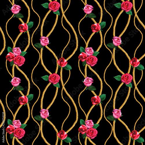 Golden chain glamour seamless pattern illustration. Watercolor texture with golden chains ropes roses.