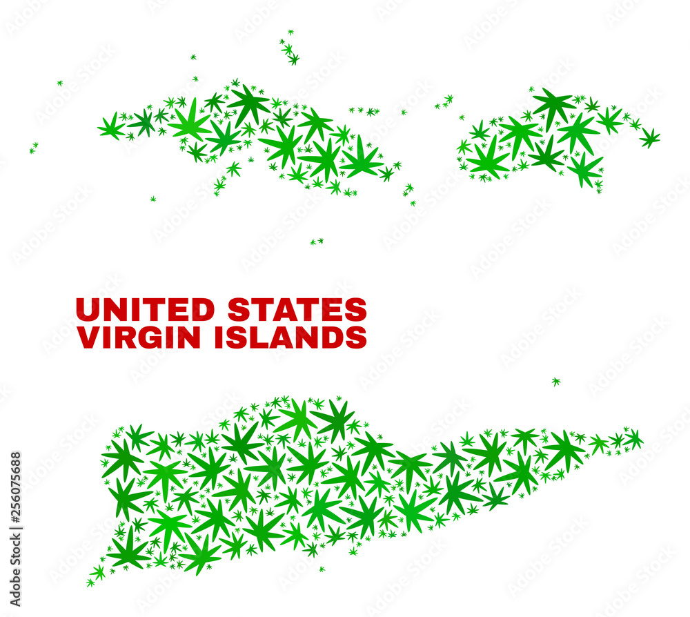 Vector marijuana American Virgin Islands map mosaic. Concept with green weed leaves for marijuana legalize campaign. Vector American Virgin Islands map is designed with cannabis leaves.
