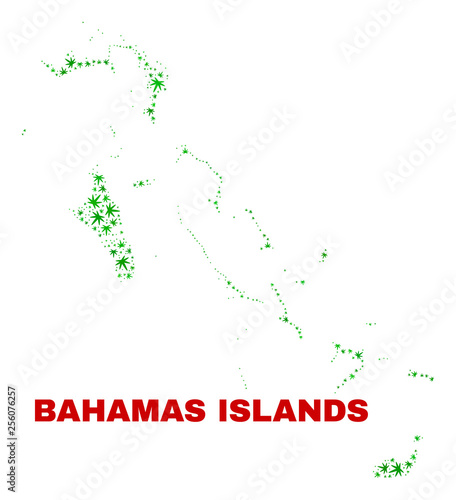 Vector marijuana Bahamas Islands map mosaic. Template with green weed leaves for weed legalize campaign. Vector Bahamas Islands map is constructed with weed leaves.