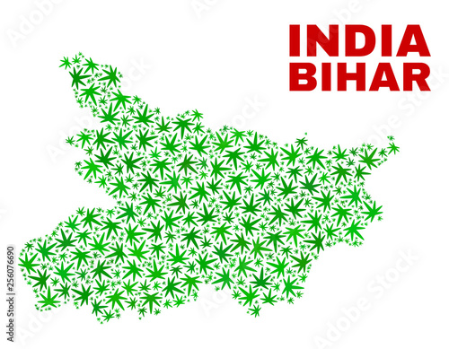 Vector marijuana Bihar State map mosaic. Template with green weed leaves for weed legalize campaign. Vector Bihar State map is designed of marijuana leaves.