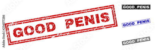 Grunge GOOD PENIS rectangle stamp seals isolated on a white background. Rectangular seals with grunge texture in red, blue, black and grey colors.