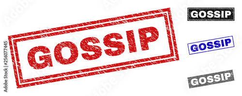 Grunge GOSSIP rectangle stamp seals isolated on a white background. Rectangular seals with grunge texture in red, blue, black and grey colors.