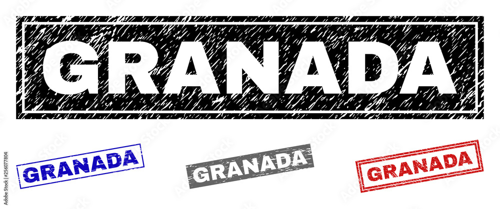 Grunge GRANADA rectangle stamp seals isolated on a white background. Rectangular seals with grunge texture in red, blue, black and grey colors. Grunge GRANADA rectangle stamp seals isolated on a white background. Rectangular seals with grunge texture in red, blue, black and grey colors.