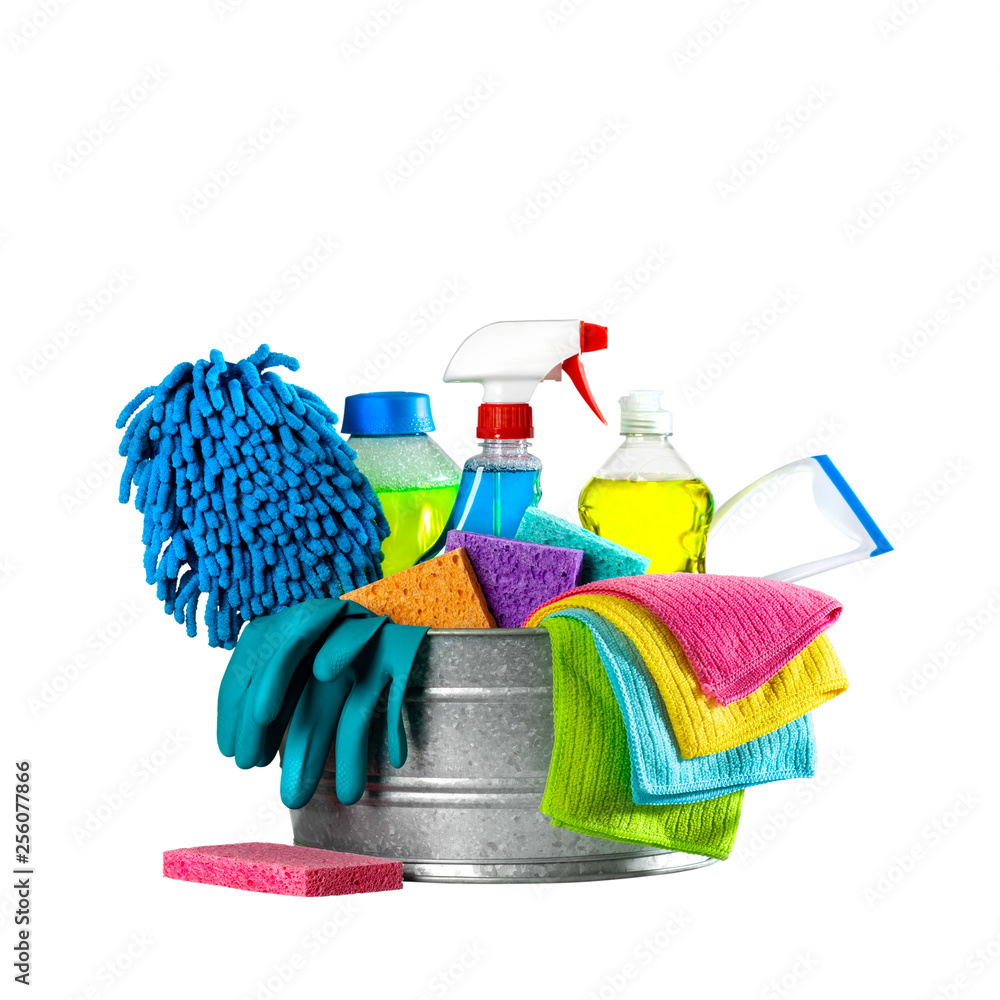 Bucket Of Cleaning Supplies On Isolated White Background - Cleaning  Services Concept Stock Photo