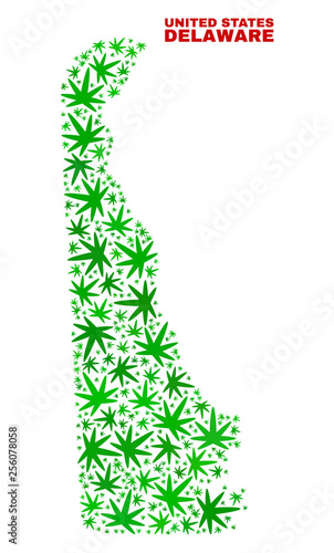 Vector marijuana Delaware State map collage. Concept with green weed leaves for weed legalize campaign. Vector Delaware State map is organized from weed leaves.