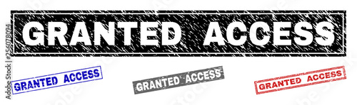 Grunge GRANTED ACCESS rectangle stamp seals isolated on a white background. Rectangular seals with distress texture in red, blue, black and gray colors.