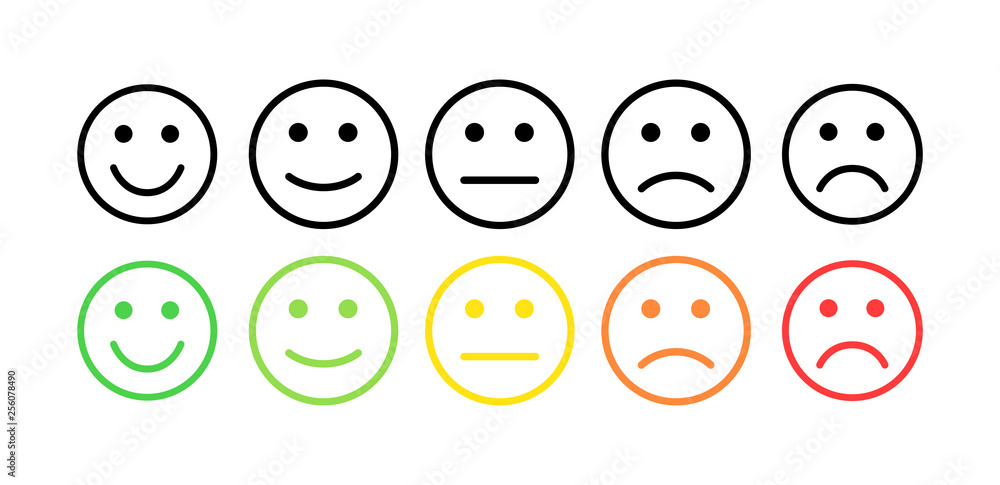 Feedback vector concept. Rank, level of satisfaction rating. Excellent, good, normal, bad awful. Feedback in form of emotions, smileys, emoji. User experience Review of consumer. Feedback vector concept. Rank, level of satisfaction rating. Excellent, good, normal, bad awful. Feedback in form of emotions, smileys, emoji. User experience Review of consumer.