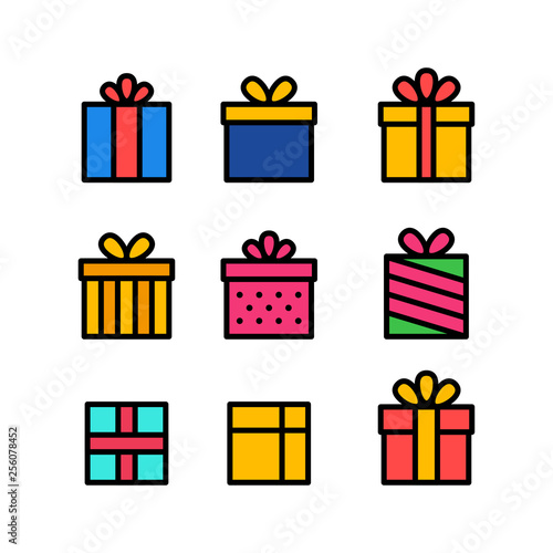 Set of gift box with ribbon. Box line icons. Surprising gift box. Vector illustration.