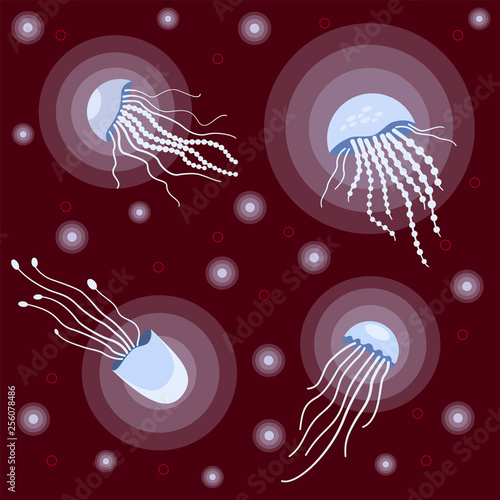 Glowing blue jellyfish. Sea jellyfish in the water. Cute bright vector jellyfish. Sea set. On a red background