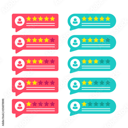 Rating stars badges. Feedback or Rating. Rank, level of satisfaction rating. Five stars customer product rating review. 5 star rating icon. Vector illustration.