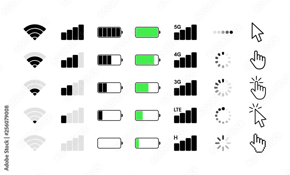 Mobile phone system icons. Wifi signal strength, battery charge