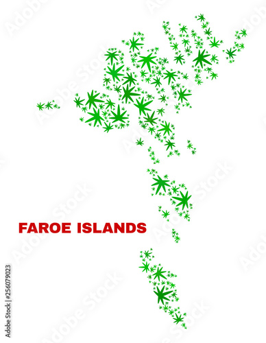 Vector cannabis Faroe Islands map collage. Template with green weed leaves for weed legalize campaign. Vector Faroe Islands map is formed with cannabis leaves.