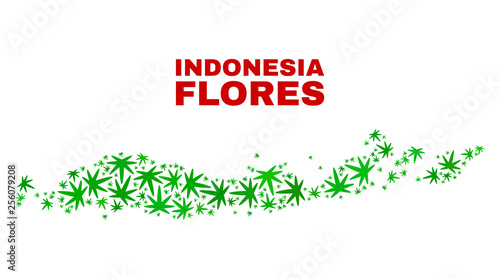 Vector marijuana Flores Islands of Indonesia map collage. Template with green weed leaves for weed legalize campaign. Vector Flores Islands of Indonesia map is constructed with marijuana leaves.