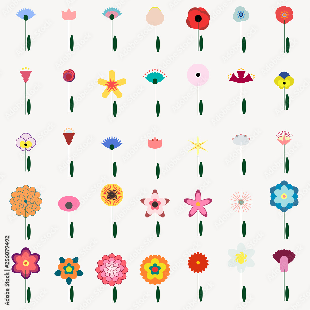 Flower icons set in flat design. Simple various kind flowers for your creative design. Minimalist cute cartoon geometric vector elements in scandinavian style. Flower icons set in flat design. Simple various kind flowers for your creative design. Minimalist cute cartoon geometric vector elements in scandinavian style.