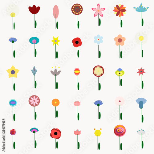 Flower icons set in flat design. Simple various kind flowers for your creative design. Minimalist cute cartoon geometric vector elements in scandinavian style.