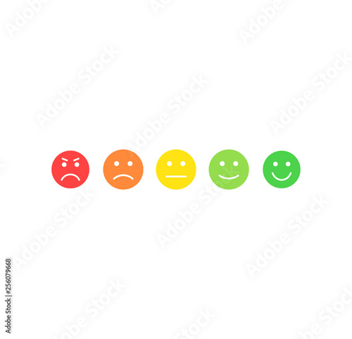 Feedback vector concept. Rank, level of satisfaction rating. Excellent, good, normal, bad awful. Feedback in form of emotions, smileys, emoji. User experience. Review of consumer.