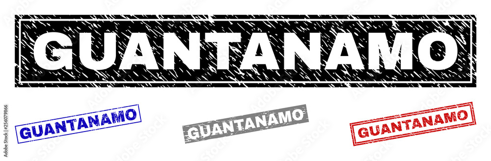 Grunge GUANTANAMO rectangle stamp seals isolated on a white background. Rectangular seals with distress texture in red, blue, black and gray colors.