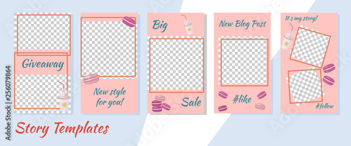 A set of minimalist stories for social networks. Frame. Package to create your unique content. Templates for stories. Delicate pink design with coffee and macaroons