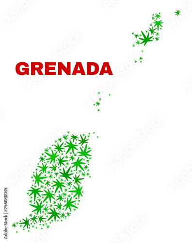 Vector marijuana Grenada map collage. Template with green weed leaves for marijuana legalize campaign. Vector Grenada map is designed with marijuana leaves.