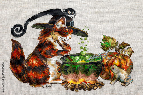 Wallpaper Mural Cross-stitch embroidery with cat in hat, cauldron, toad, bonfire and pumpkin. Torontodigital.ca