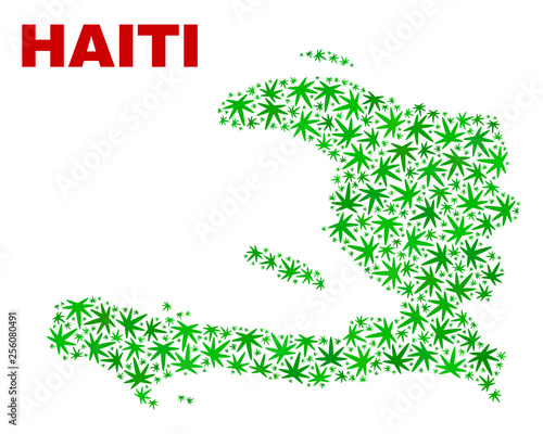 Vector marijuana Haiti map collage. Template with green weed leaves for marijuana legalize campaign. Vector Haiti map is constructed with herbal leaves.