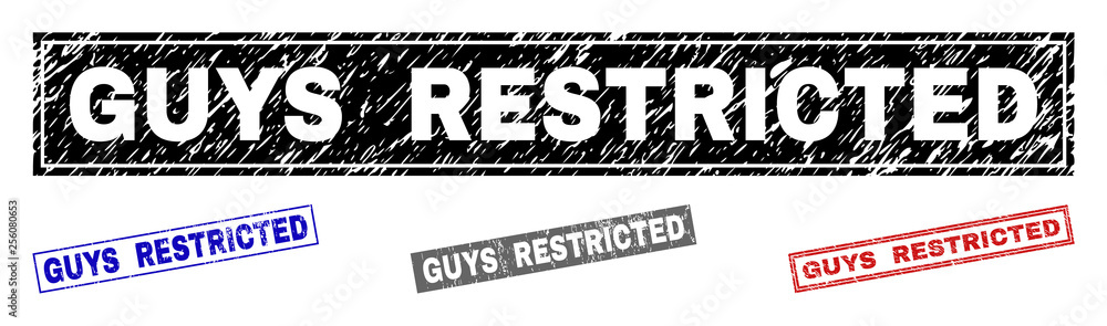 Obraz premium Grunge GUYS RESTRICTED rectangle stamp seals isolated on a white background. Rectangular seals with grunge texture in red, blue, black and grey colors.