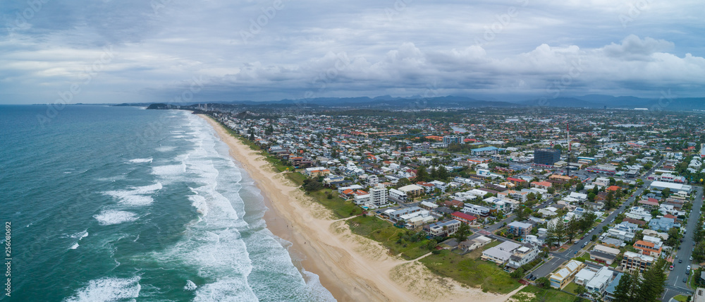 Aerial panorama of Gold Coast ocean coastline. Mermaid Beach, Queensland, Australia