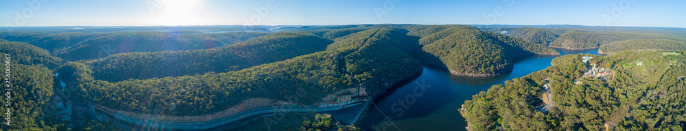 180 aerial panorama of Lake Nepean Dam and forested hills. Bargo, New South Wales, Australia