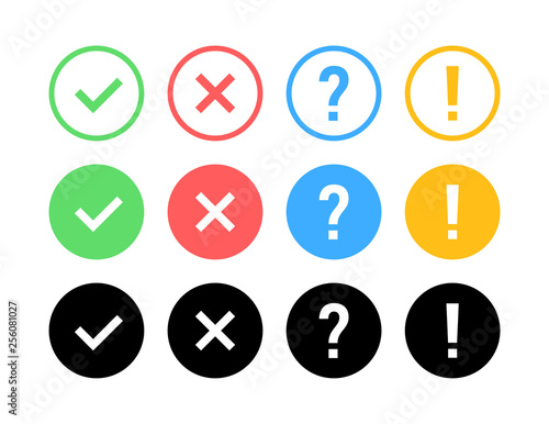 Check mark icon set. Green OK or V tick, red X, exclamation mark, Question mark. Approval signs. Check list, test, quiz. Vector illustration.