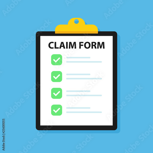 Clipboard claim form. Check list. Online claim form. Vector illustration.