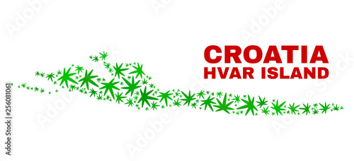 Vector marijuana Hvar Island map mosaic. Template with green weed leaves for marijuana legalize campaign. Vector Hvar Island map is constructed with weed leaves.