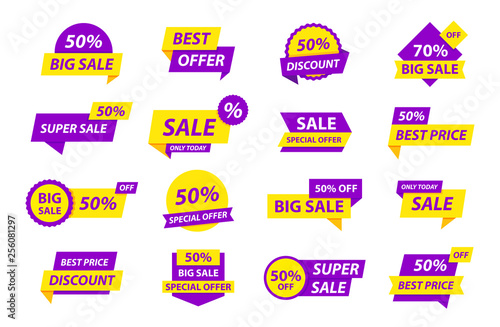 Sale tags collection. Special offer, big sale, discount, best price, mega sale banner set. Shop or online shopping. Sticker, badge, coupon, store. Vector Illustration.