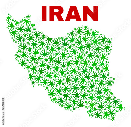 Vector marijuana Iran map collage. Concept with green weed leaves for marijuana legalize campaign. Vector Iran map is designed with marijuana leaves.