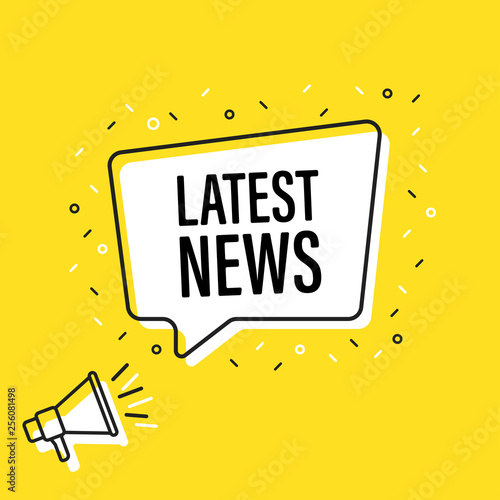 Male hand holding megaphone with latest news speech bubble. Loudspeaker. Banner for business, marketing and advertising. Vector illustration.