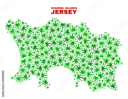 Vector marijuana Jersey Island map mosaic. Template with green weed leaves for weed legalize campaign. Vector Jersey Island map is constructed with weed leaves.