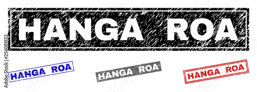 Grunge HANGA ROA rectangle stamp seals isolated on a white background. Rectangular seals with distress texture in red, blue, black and gray colors.