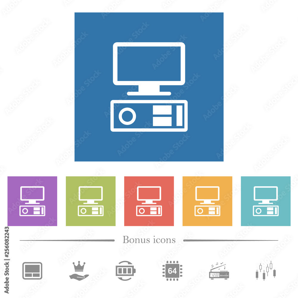 Old personal computer flat white icons in square backgrounds Old personal computer flat white icons in square backgrounds