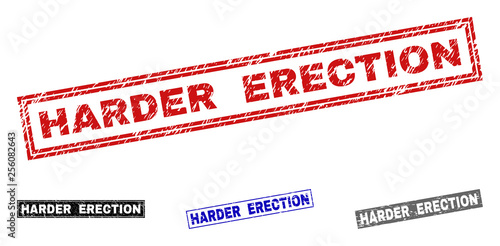 Grunge HARDER ERECTION rectangle stamp seals isolated on a white background. Rectangular seals with distress texture in red, blue, black and gray colors.