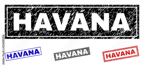 Grunge HAVANA rectangle stamp seals isolated on a white background. Rectangular seals with grunge texture in red, blue, black and gray colors.